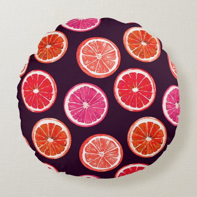 Hand Painted Citrus Dark Pattern Round Cushion (Front)