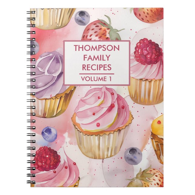 Hand painted cupcake berries personalised recipe notebook (Front)