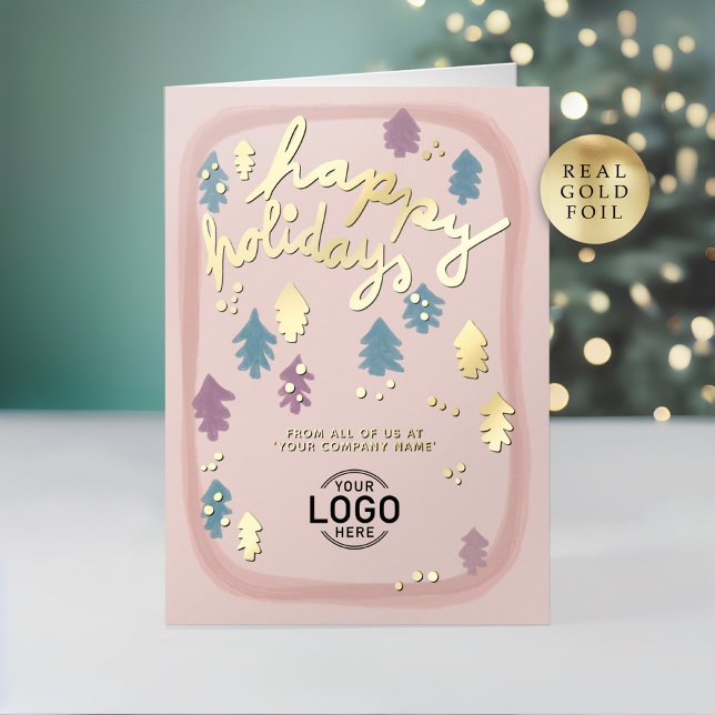 Hand Painted Cute Blush Pink Pine Trees Business Foil Holiday Card (Creator Uploaded)
