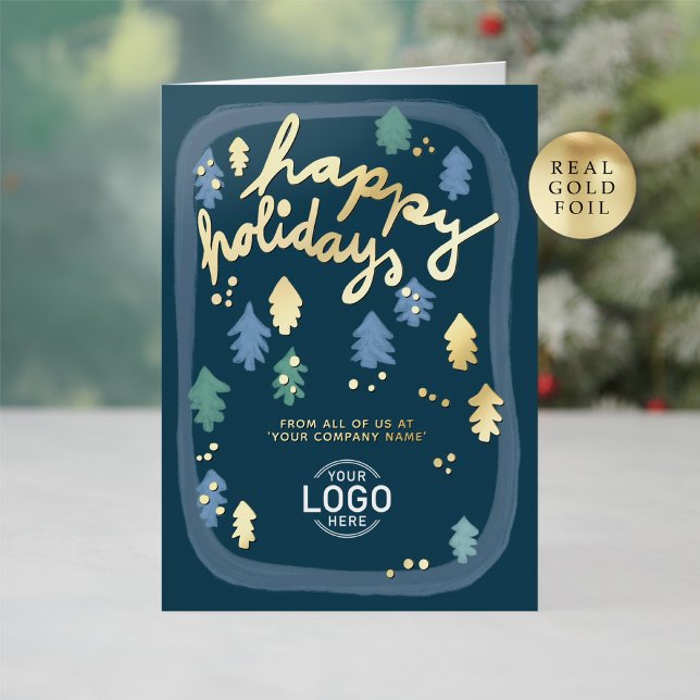 Hand Painted Cute Navy Blue Pine Trees Business Foil Holiday Card (Creator Uploaded)