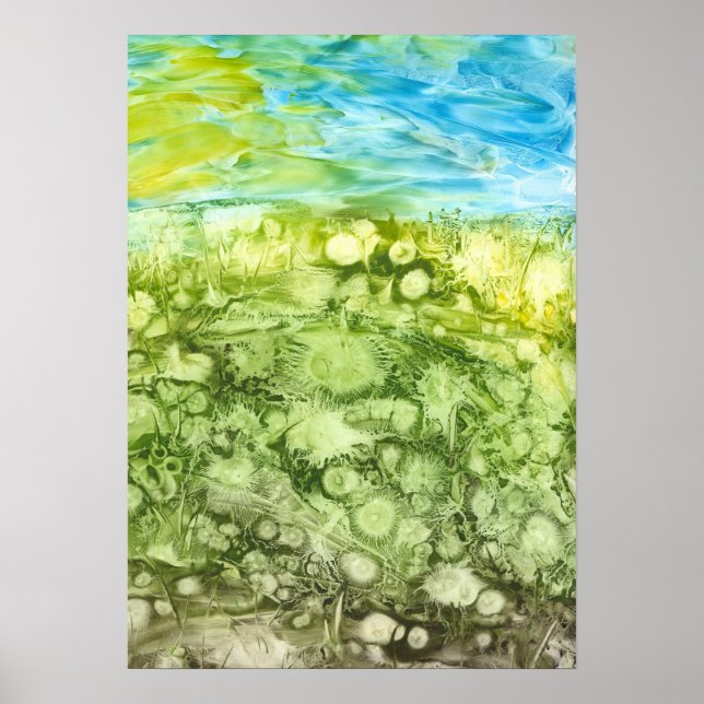 Hand Painted Dandelion Field and Blue Sky Poster (Front)