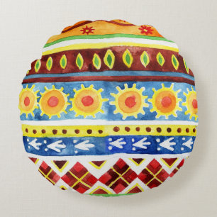 Hand Painted Ethnic Watercolor Pattern Round Cushion