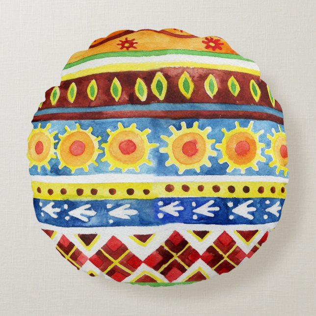Hand Painted Ethnic Watercolor Pattern Round Cushion (Front)