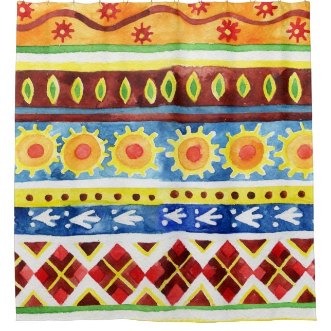 Hand Painted Ethnic Watercolor Pattern Shower Curtain (Front)