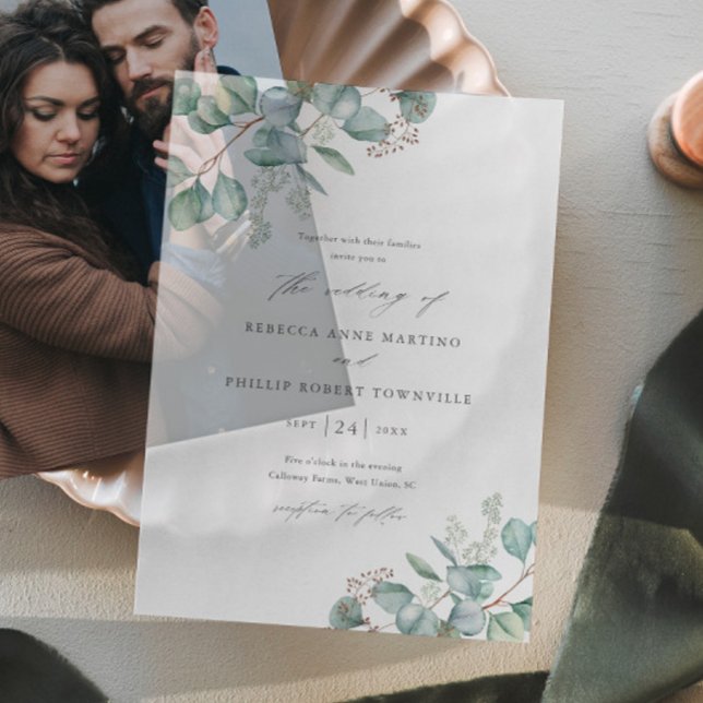Hand Painted Eucalyptus Wedding Vellum Invitations (Elegant hand painted eucalyptus greenery vellum wedding invitation.)