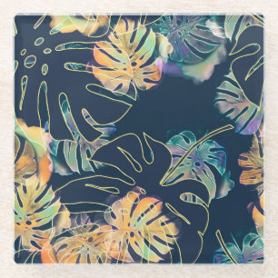 Hand-painted exotic leaves: seamless pattern. glass coaster