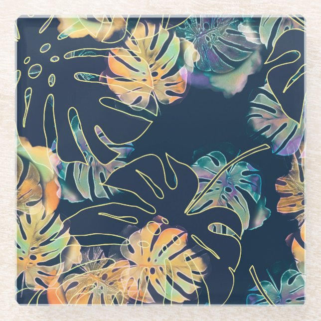 Hand-painted exotic leaves: seamless pattern. glass coaster (Front)