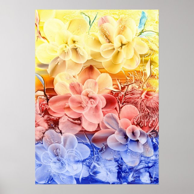 Hand Painted Fantasy Floral Art - Yellow Red Blue  Poster (Front)
