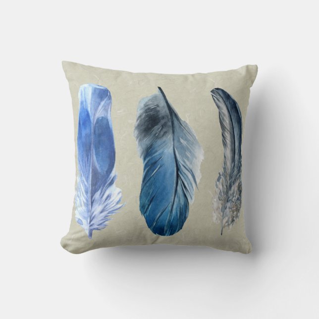Hand Painted Feathers Polyester Throw Pillow (Front)