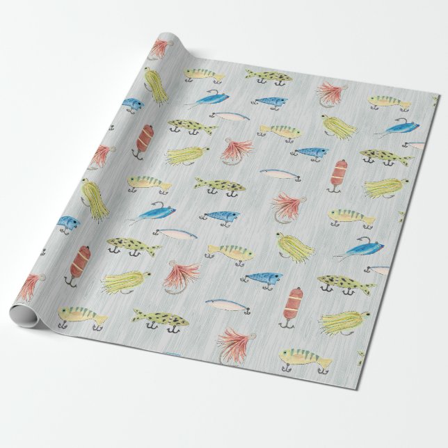 Hand Painted Fishing Lures on Wood Wrapping Paper (Unrolled)