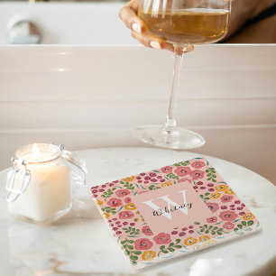 Hand-painted Floral Blush Pink Name Coaster