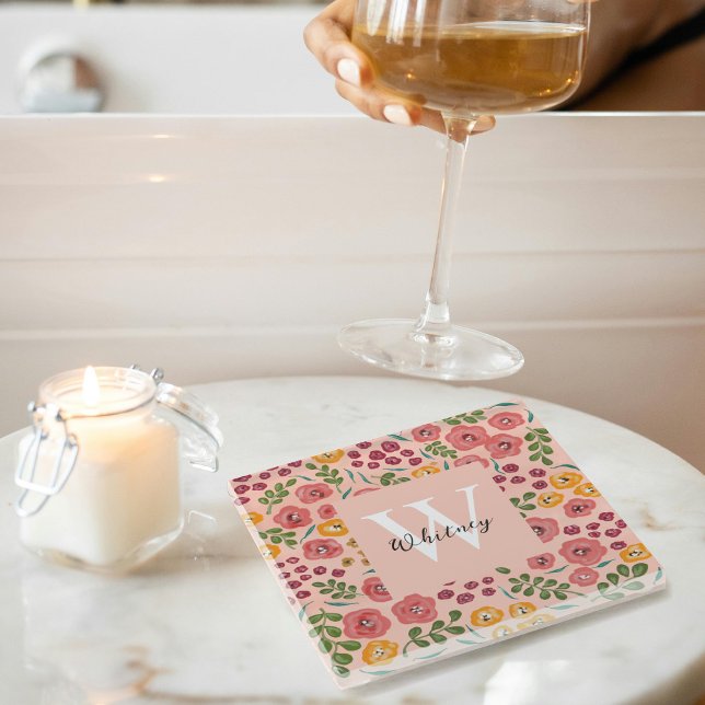 Hand-painted Floral Blush Pink Name Coaster (Creator Uploaded)