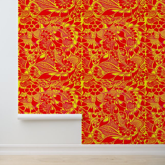 Hand Painted  Floral Mehndi Henna Peel and Stick Wallpaper (Application)