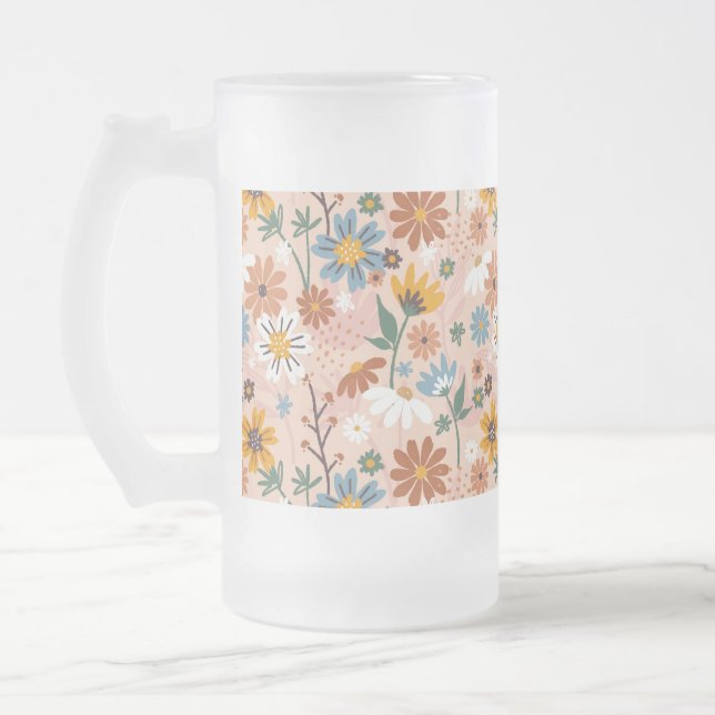 Hand Painted Floral Pattern-23136 Frosted Glass Beer Mug (Left)