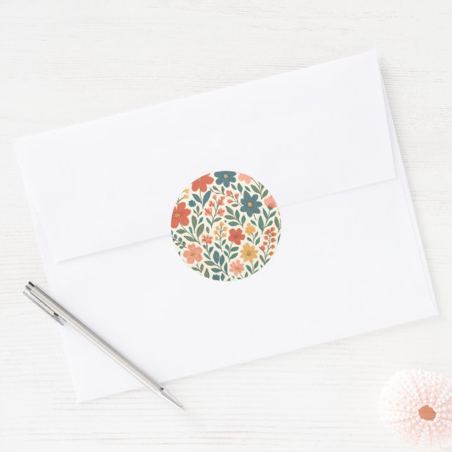 Hand-Painted Floral Pattern – Colourful Botanical  Classic Round Sticker (Envelope)