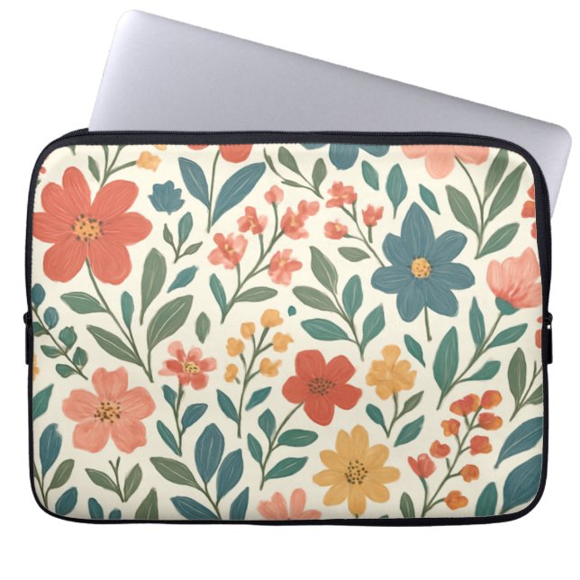 Hand-Painted Floral Pattern – Colourful Botanical  Laptop Sleeve (Front)