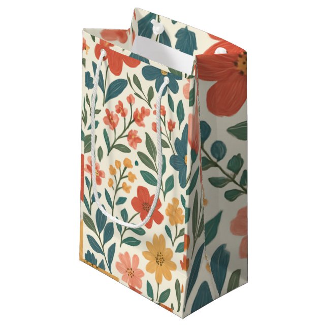 Hand-Painted Floral Pattern – Colourful Botanical  Small Gift Bag (Front Angled)