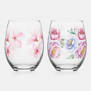 Hand Painted Floral Print Stemless Wine Glass