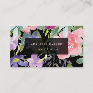 Hand Painted Floral Trendy Watercolor on Black Business Card