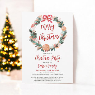 Hand Painted Floral Watercolor Wreath Christmas Invitation