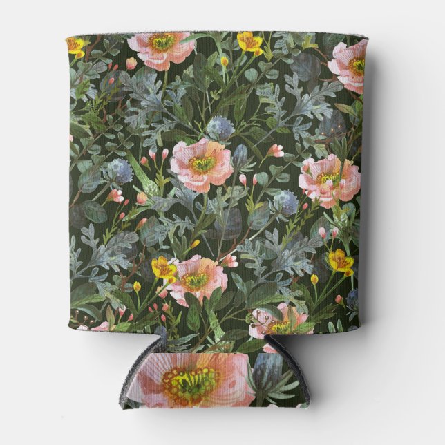 Hand-painted florals: dark watercolor pattern. can cooler (Front)
