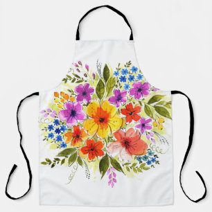 Hand-painted flowers, bright watercolor bouquet. apron