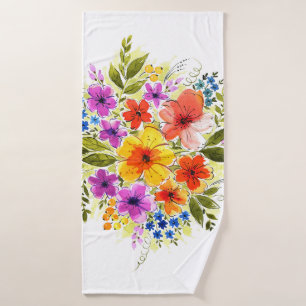 Hand-painted flowers, bright watercolor bouquet. bath towel