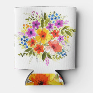 Hand-painted flowers, bright watercolor bouquet. can cooler