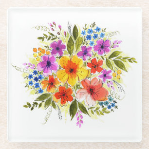 Hand-painted flowers, bright watercolor bouquet. glass coaster