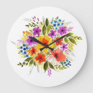Hand-painted flowers, bright watercolor bouquet. large clock