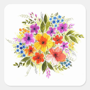 Hand-painted flowers, bright watercolor bouquet. square sticker