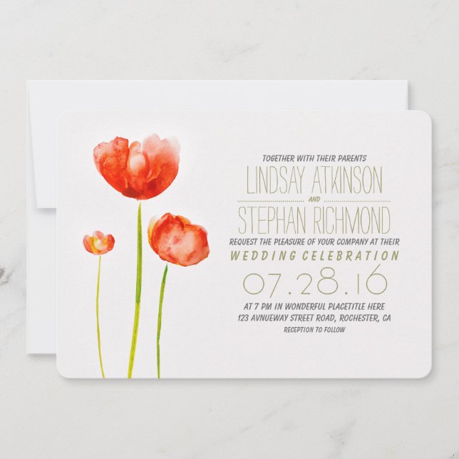 Hand painted flowers modern wedding invitation (Front)