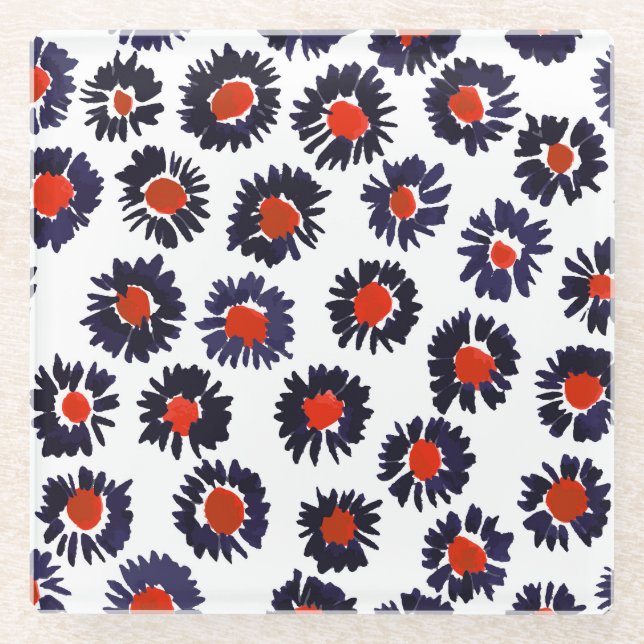 Hand-painted flowers, red and blue pattern. glass coaster (Front)