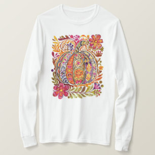 Hand-Painted Folk Art Pumpkin T-Shirt –Rustic Fall