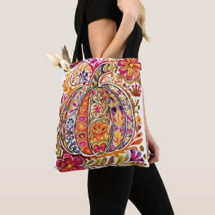 Hand-Painted Folk Art Pumpkin Tote Bag Rustic Fall