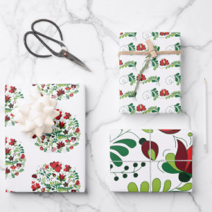 Hand Painted Folk Floral Design Wrapping Paper Sheet