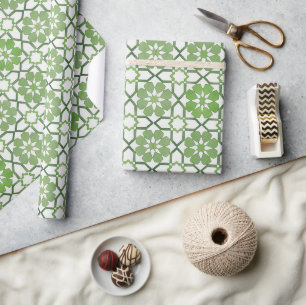 Hand painted geometric green white moroccan ethnic wrapping paper