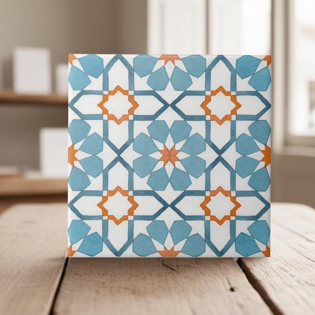 Hand painted geometric teal blue moroccan ethnic tile (Creator Uploaded)