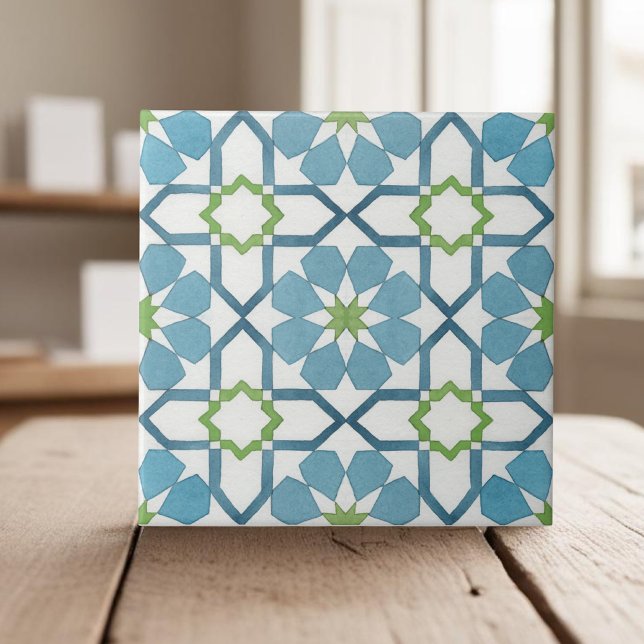 Hand painted geometric teal blue moroccan ethnic tile (Creator Uploaded)