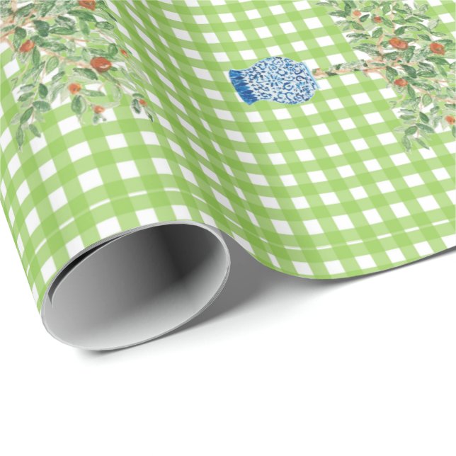 Hand Painted Gingham Orange Tree  Wrapping Paper (Roll Corner)