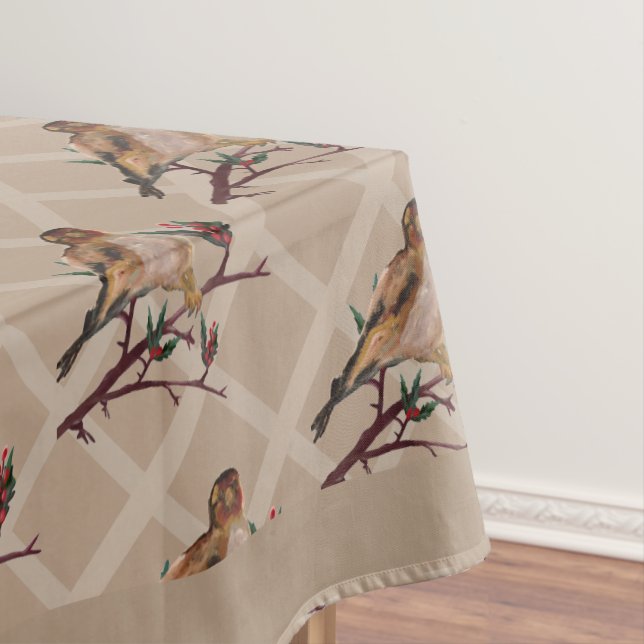 Hand painted Gold Christmas Goldfinch Bird Birds   Tablecloth (In Situ)