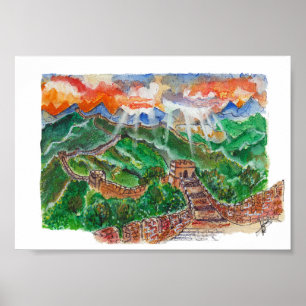 Hand Painted Great Wall of China Watercolor Art Poster