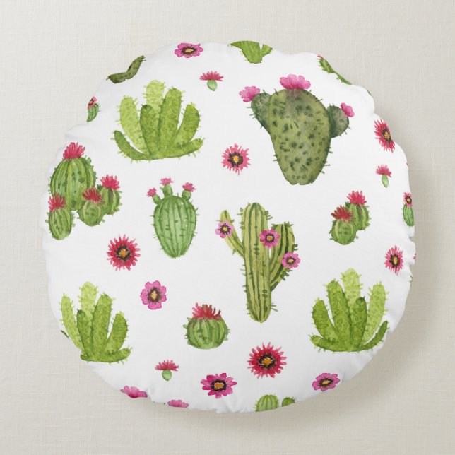 Hand Painted Green Cactus Pattern Round Cushion (Front)