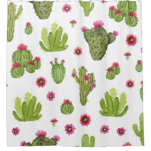 Hand Painted Green Cactus Pattern Shower Curtain