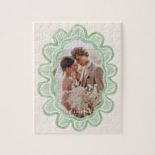 Hand-painted green scalloped oval photo frame  jigsaw puzzle