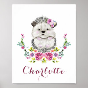 Hand painted Hedgehog Personalized floral Poster