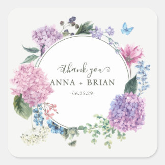 Hand-painted Hydrangea Floral Wedding Thank You Square Sticker