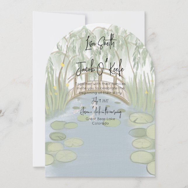Hand painted illustrated Lilypads Wedding Invitation (Front)