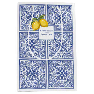 Hand-painted Italian Tiles Amalfi Blue & Lemons  Medium Gift Bag