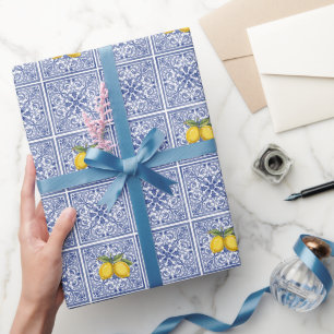 Hand-painted Italian tiles Amalfi blue & lemons Wrapping Paper